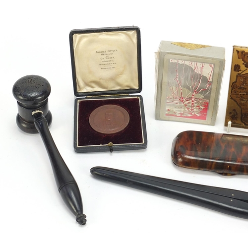 776 - Antique and later objects including ebonised gavel, medallion with fitted case, World War II Defence... 