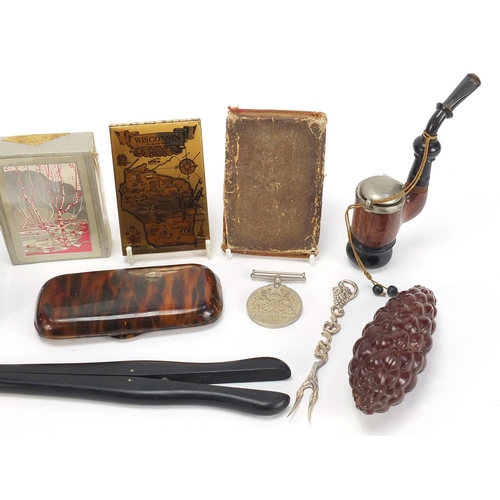 776 - Antique and later objects including ebonised gavel, medallion with fitted case, World War II Defence... 