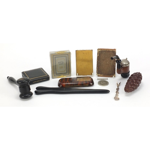 776 - Antique and later objects including ebonised gavel, medallion with fitted case, World War II Defence... 