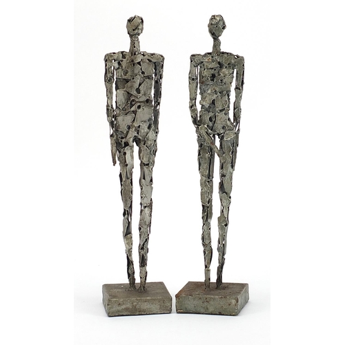 325 - Two Modernist silvered metal sculptures of a nude male and female in the style of Bernard Moore, eac... 