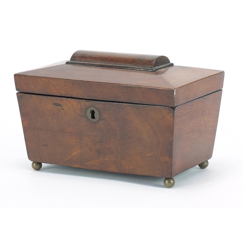 594 - Victorian mahogany sarcophagus shaped tea caddy with twin division lidded interior and key, 13cm H x... 