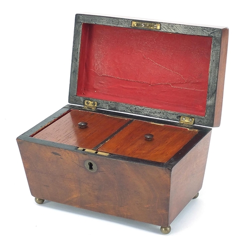 594 - Victorian mahogany sarcophagus shaped tea caddy with twin division lidded interior and key, 13cm H x... 