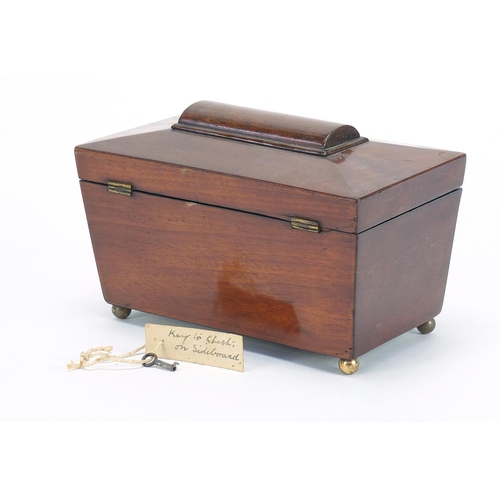 594 - Victorian mahogany sarcophagus shaped tea caddy with twin division lidded interior and key, 13cm H x... 