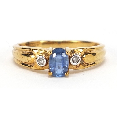 249 - 9ct gold blue topaz and diamond ring, size N, 2.3g