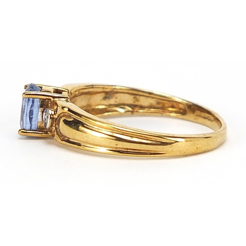 249 - 9ct gold blue topaz and diamond ring, size N, 2.3g