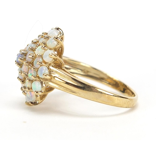 809 - 9ct gold opal four tier cluster ring, size P, 3.7g