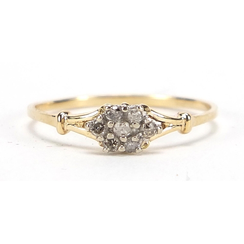 878 - 9ct gold diamond cluster ring, size N/O, 1.0g