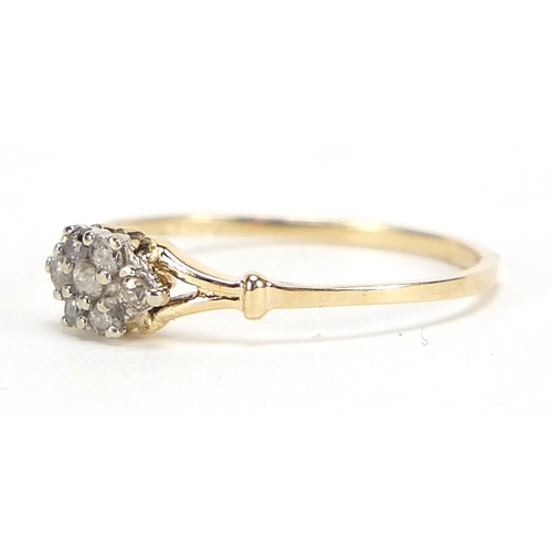 878 - 9ct gold diamond cluster ring, size N/O, 1.0g