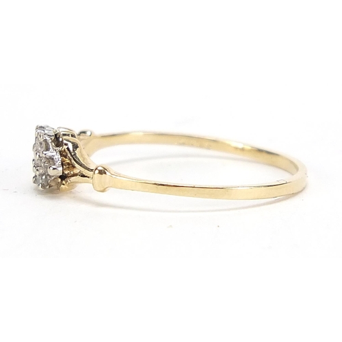 878 - 9ct gold diamond cluster ring, size N/O, 1.0g