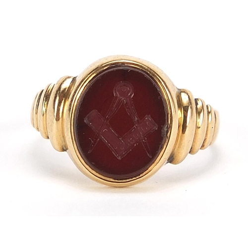 384 - Edwardian 18ct gold masonic intaglio seal ring, Chester 1908, size O, 4.6g