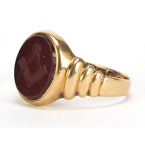 384 - Edwardian 18ct gold masonic intaglio seal ring, Chester 1908, size O, 4.6g