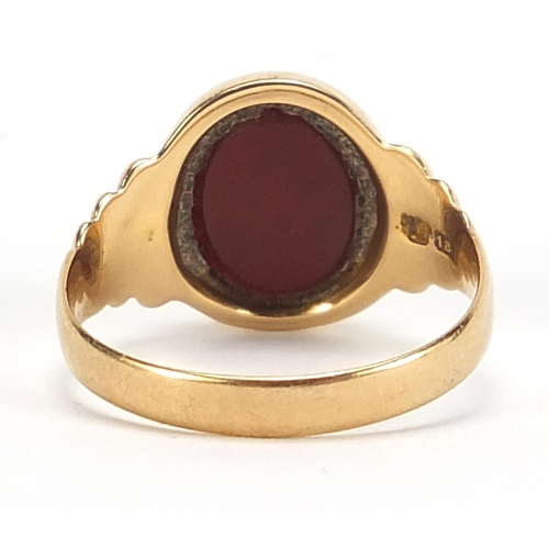 384 - Edwardian 18ct gold masonic intaglio seal ring, Chester 1908, size O, 4.6g