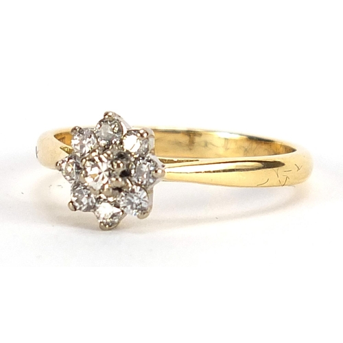 764 - 18ct gold diamond cluster ring, size L, 2.7g