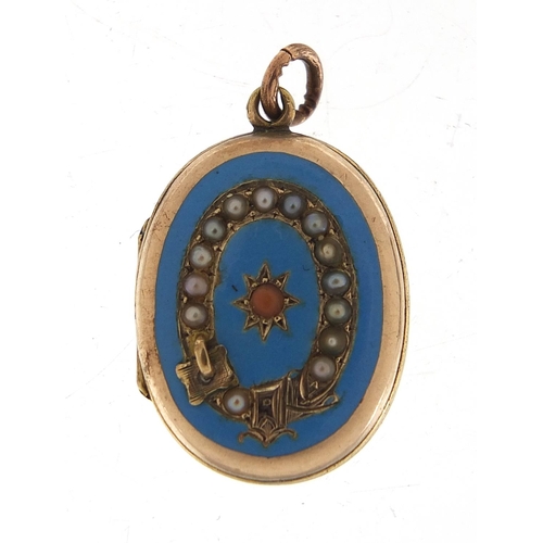 1074 - Gold coloured metal and enamel locket set with seed pearls and coral, 2.5cm high, 6.4g