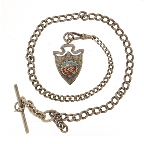 950 - Graduated silver watch chain with T bar and enamelled jewel, 45cm in length, total 54.5g