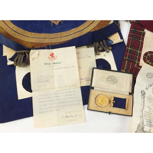 788 - Masonic regalia including a 9ct gold Madras Lodge jewel, the jewel 20g