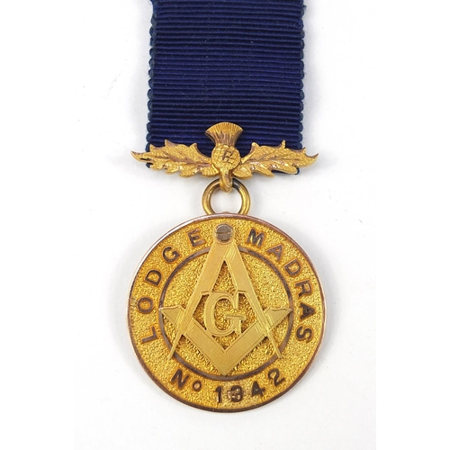 788 - Masonic regalia including a 9ct gold Madras Lodge jewel, the jewel 20g