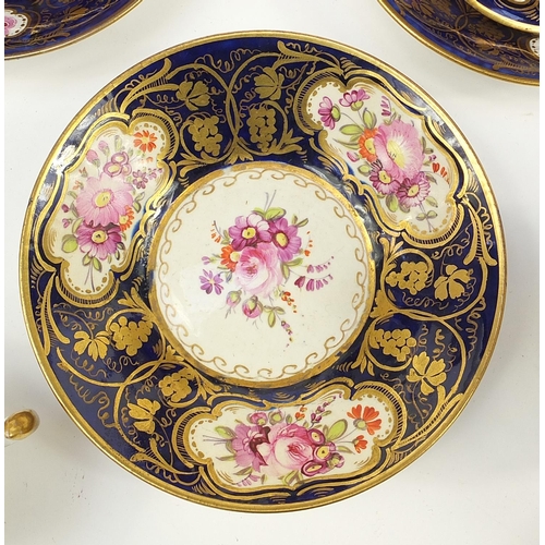 70 - 19th century Coalport cobalt blue ground teaware hand painted with flowers, including teapot, cups a... 