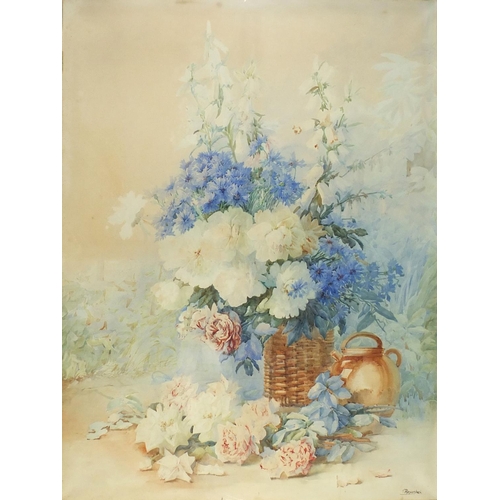 91 - Isidore Rosenstock - Flowers in a basket, very large watercolour, mounted, framed and glazed, 119cm ... 