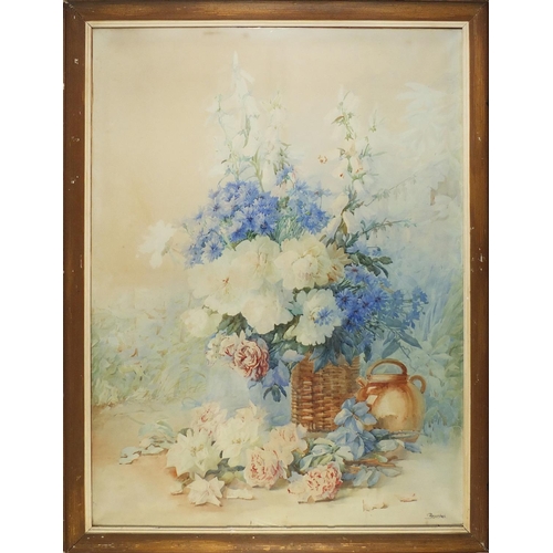 91 - Isidore Rosenstock - Flowers in a basket, very large watercolour, mounted, framed and glazed, 119cm ... 