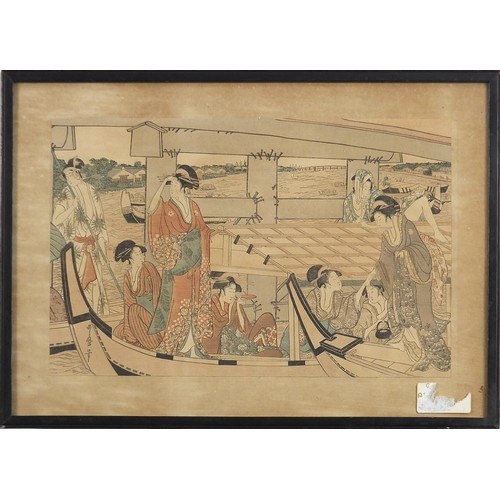 762 - Geishas and scholars, two Japanese watercolours with calligraphy and seal marks, each mounted, frame... 