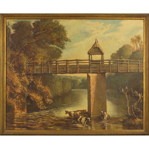 801 - River scene with fishermen and cattle, 19th century oil on board, framed, 68cm x 55cm excluding the ... 