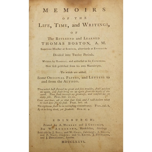 628 - Memoirs of the Life, Times and Writings of The Reverend and Learned Thomas Boston 1776, antique leat... 