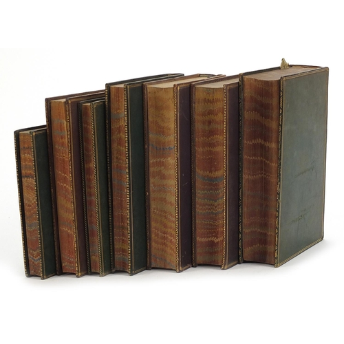 632 - Seven 19th century leather bound hardback books comprising Lady of the Lake, Goldsmith's Poetical Wo... 