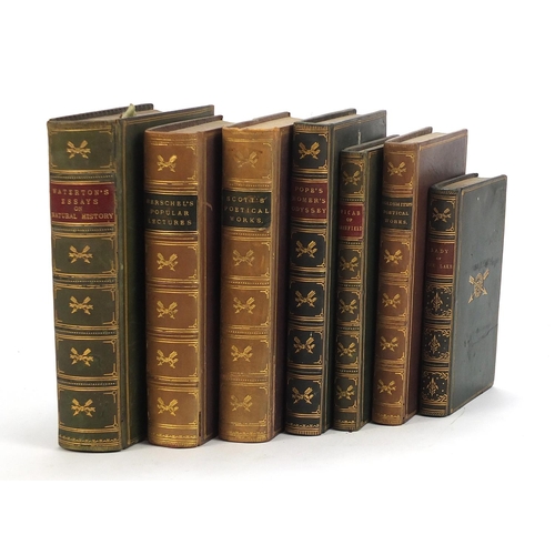 632 - Seven 19th century leather bound hardback books comprising Lady of the Lake, Goldsmith's Poetical Wo... 