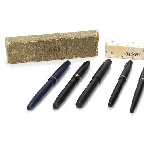 242 - Five vintage fountain pens, four with gold nibs comprising Excelsior no. 2, Parker and Swan Leverles... 