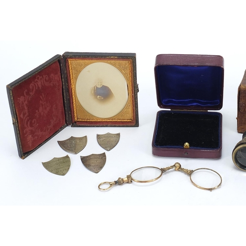 777 - Objects including pair of German faux snakeskin opera glasses, Victorian photograph of a gentlemen a... 