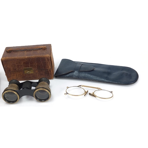 777 - Objects including pair of German faux snakeskin opera glasses, Victorian photograph of a gentlemen a... 