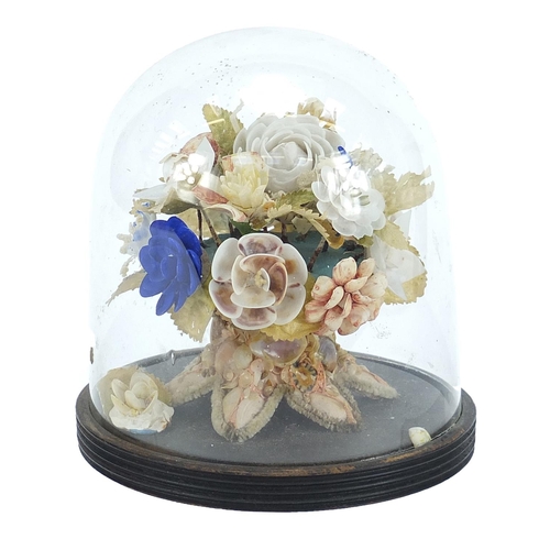 757 - Naval interest sailor's shellwork floral bouquet housed under a glass dome with ebonised base, 13cm ... 