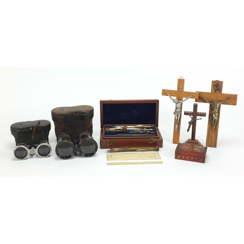 155 - Antique and later objects including pair of tortoiseshell opera glasses, mahogany cased drawing set ... 