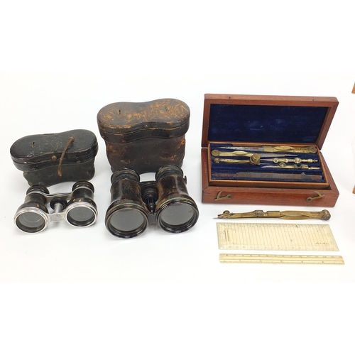 155 - Antique and later objects including pair of tortoiseshell opera glasses, mahogany cased drawing set ... 