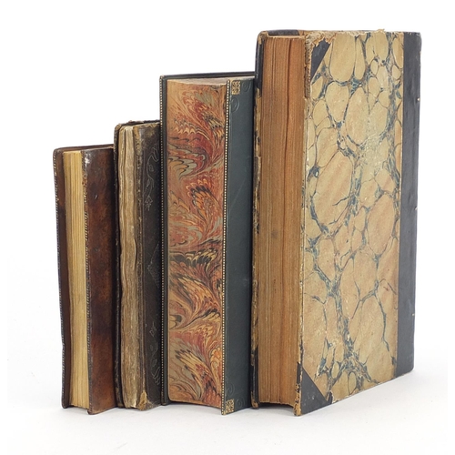 265 - Four antique leather bound hardback books comprising The Poetical Works of W M Falconer, Consolation... 