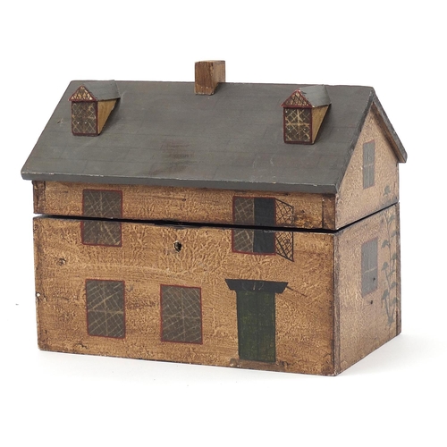 592 - Hand painted wooden box in the form of a Georgian House, 23cm H x 26cm W x 17cm D