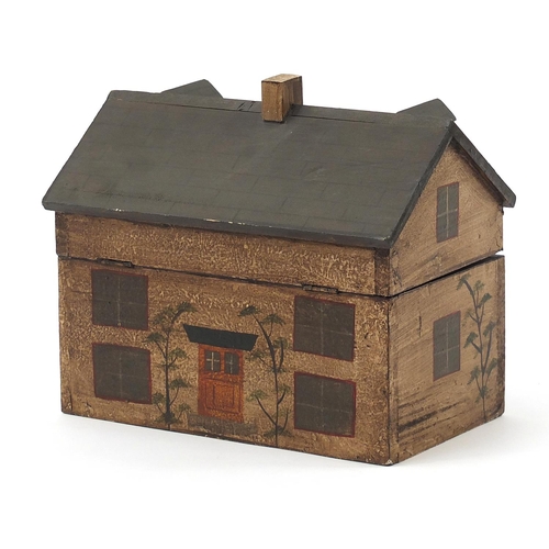 592 - Hand painted wooden box in the form of a Georgian House, 23cm H x 26cm W x 17cm D