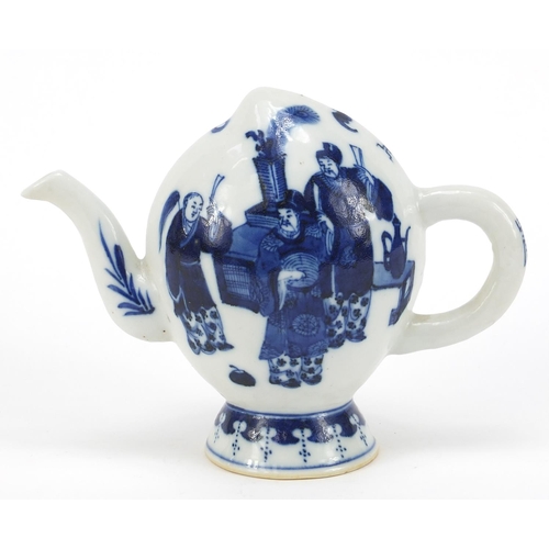 185 - Chinese blue and white porcelain teapot of peach form, hand painted with figures and butterflies amo... 