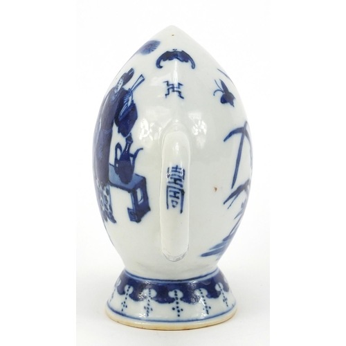 185 - Chinese blue and white porcelain teapot of peach form, hand painted with figures and butterflies amo... 