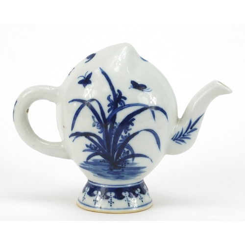 185 - Chinese blue and white porcelain teapot of peach form, hand painted with figures and butterflies amo... 