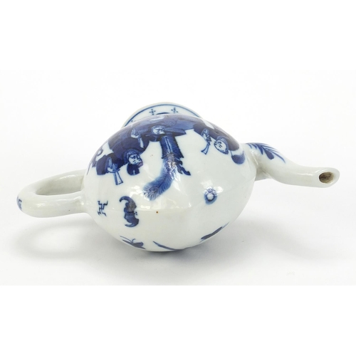 185 - Chinese blue and white porcelain teapot of peach form, hand painted with figures and butterflies amo... 