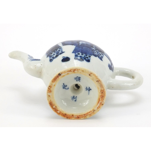 185 - Chinese blue and white porcelain teapot of peach form, hand painted with figures and butterflies amo... 