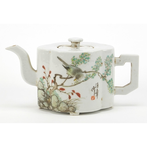 720 - Good Chinese porcelain four footed quatrefoil teapot hand painted in the famille rose palette with a... 