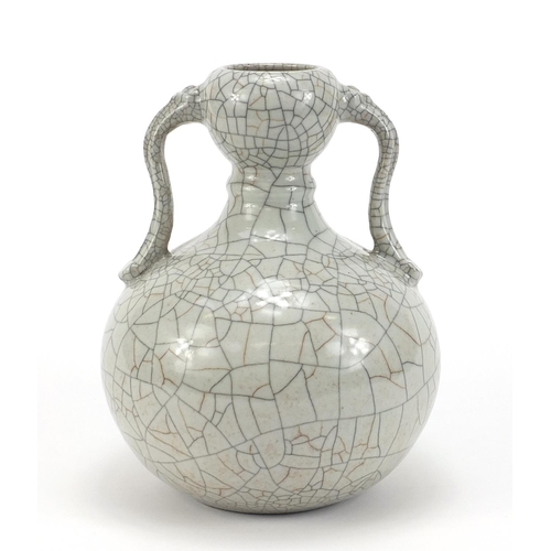 710 - Chinese porcelain Ge ware vase with handles, six figure character marks to the base, 22cm high