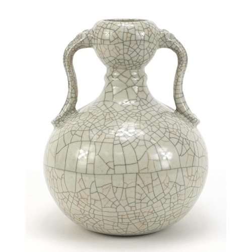 710 - Chinese porcelain Ge ware vase with handles, six figure character marks to the base, 22cm high