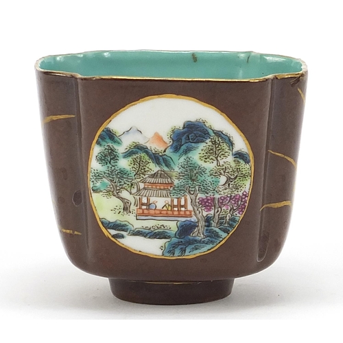 709 - Chinese quatrefoil brown ground porcelain footed bowl hand painted with panels of landscapes and gil... 