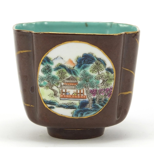 709 - Chinese quatrefoil brown ground porcelain footed bowl hand painted with panels of landscapes and gil... 