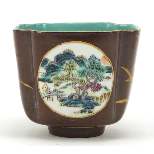 709 - Chinese quatrefoil brown ground porcelain footed bowl hand painted with panels of landscapes and gil... 