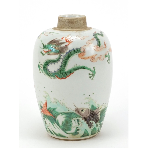 814 - Chinese porcelain tea caddy hand painted in the famille verte palette with a dragon amongst clouds a... 